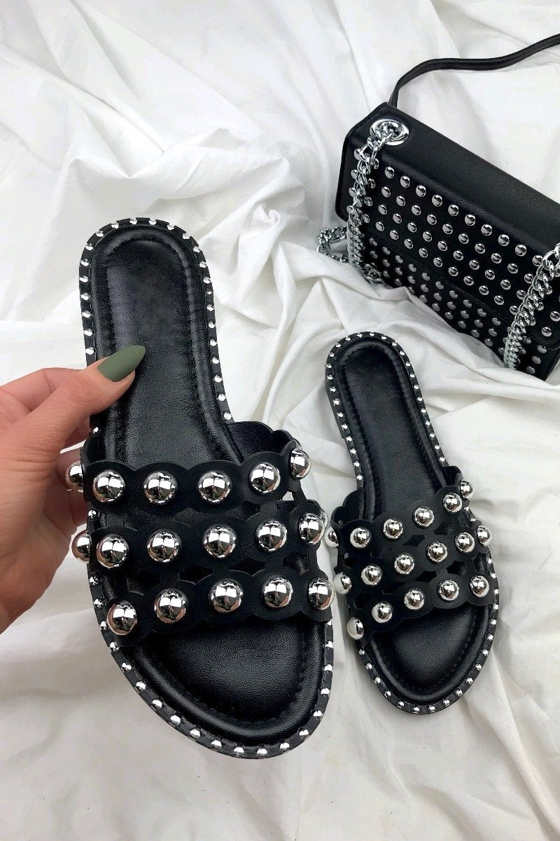 Viola Black Stud Slider Sandals With Silver Detail