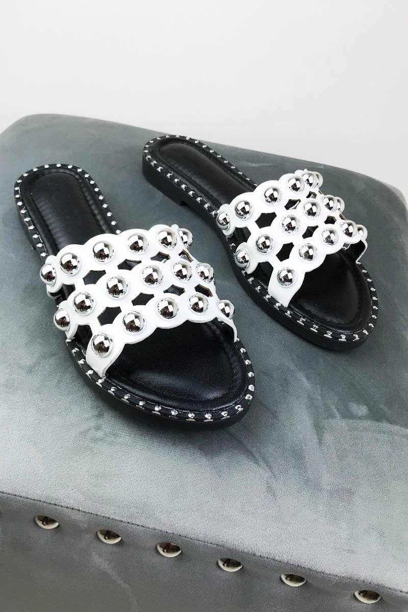 Viola White Stud Slider Sandals With Silver Detail