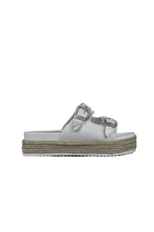 Wanda White Western Buckle Slider Sandals With Silver Detail