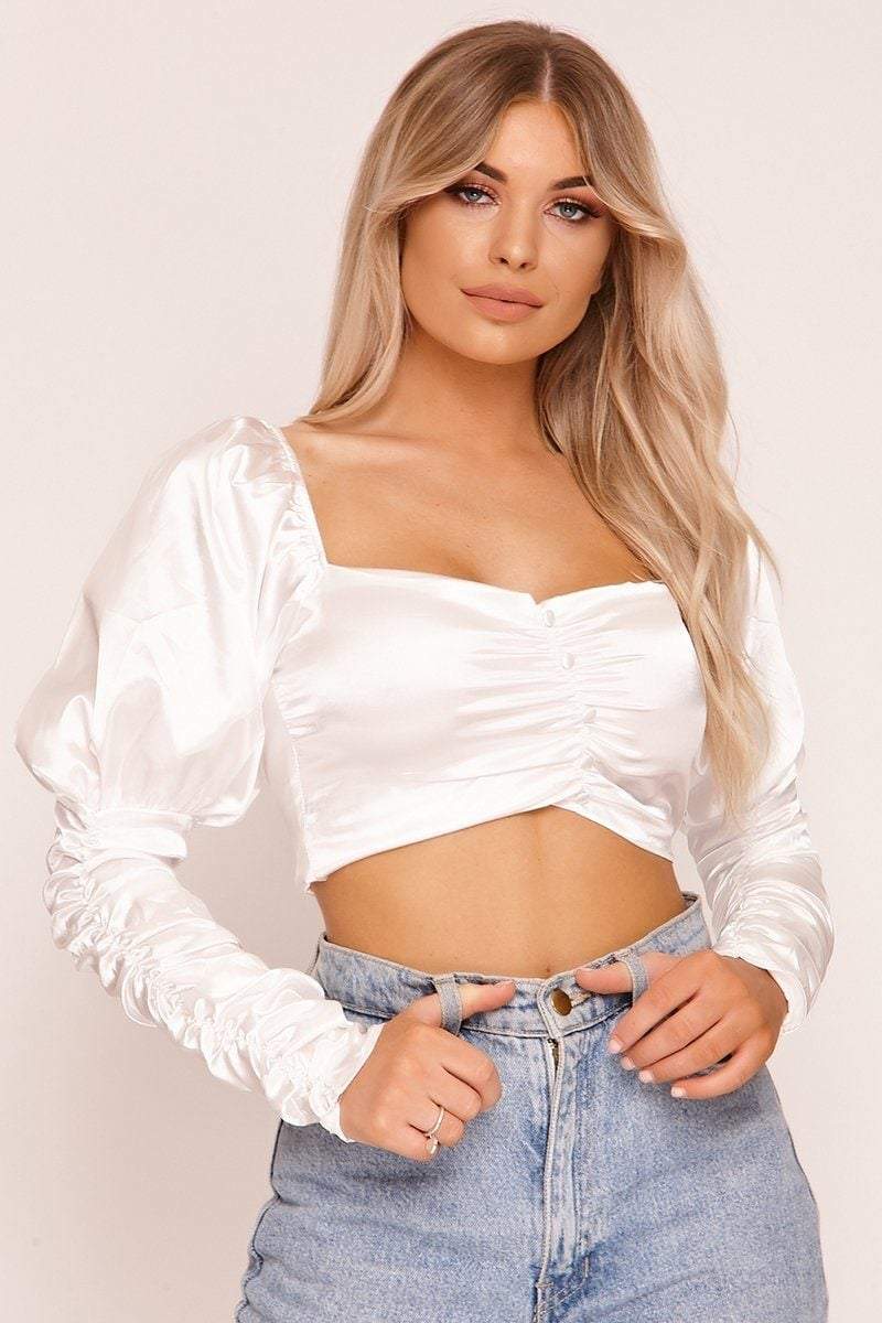 White Satin Button Up Puff Sleeve Crop Top