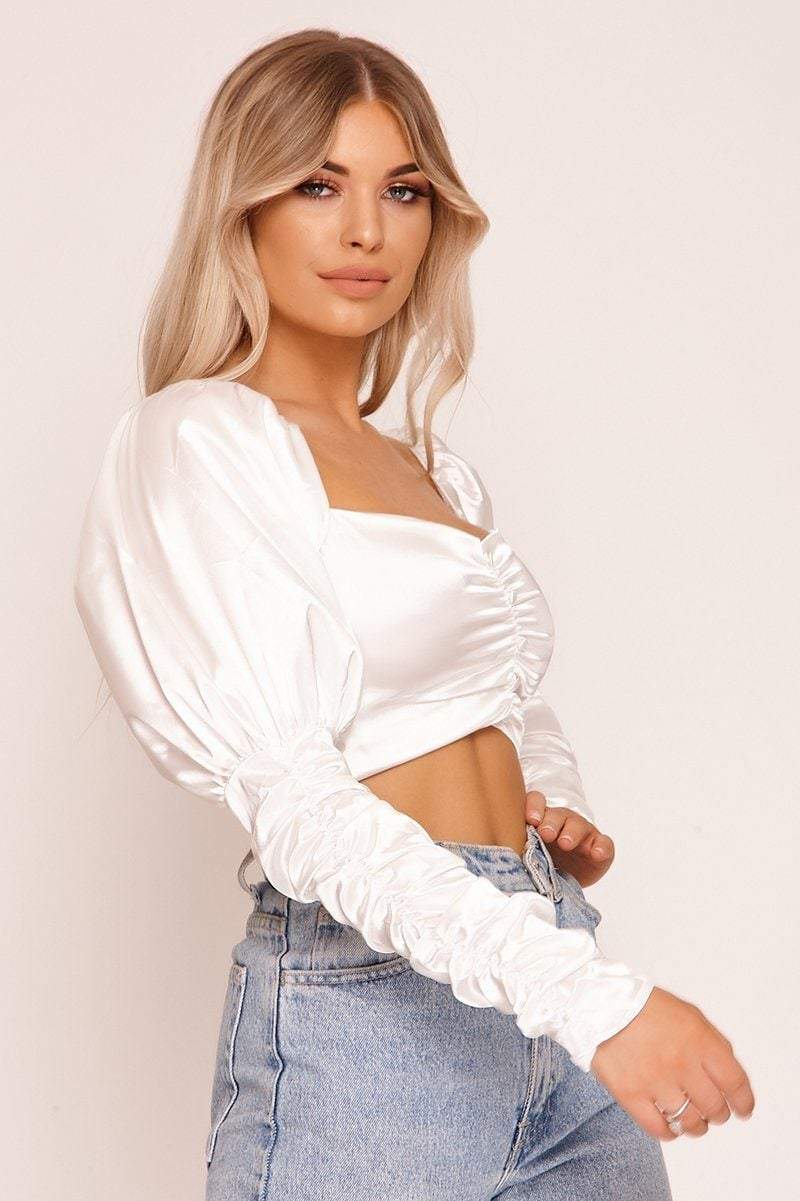 White Satin Button Up Puff Sleeve Crop Top