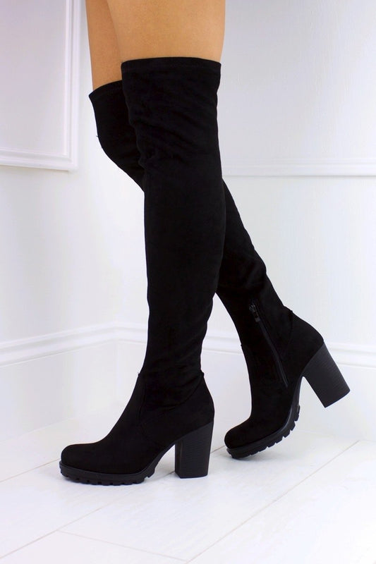 Yasmin Black Faux Suede Over Knee Boot