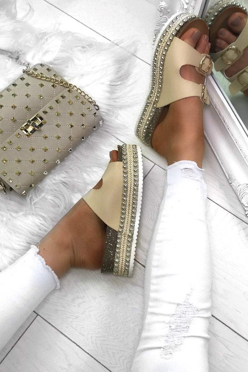 Yazmin Beige Studded Espadrille Flatforms