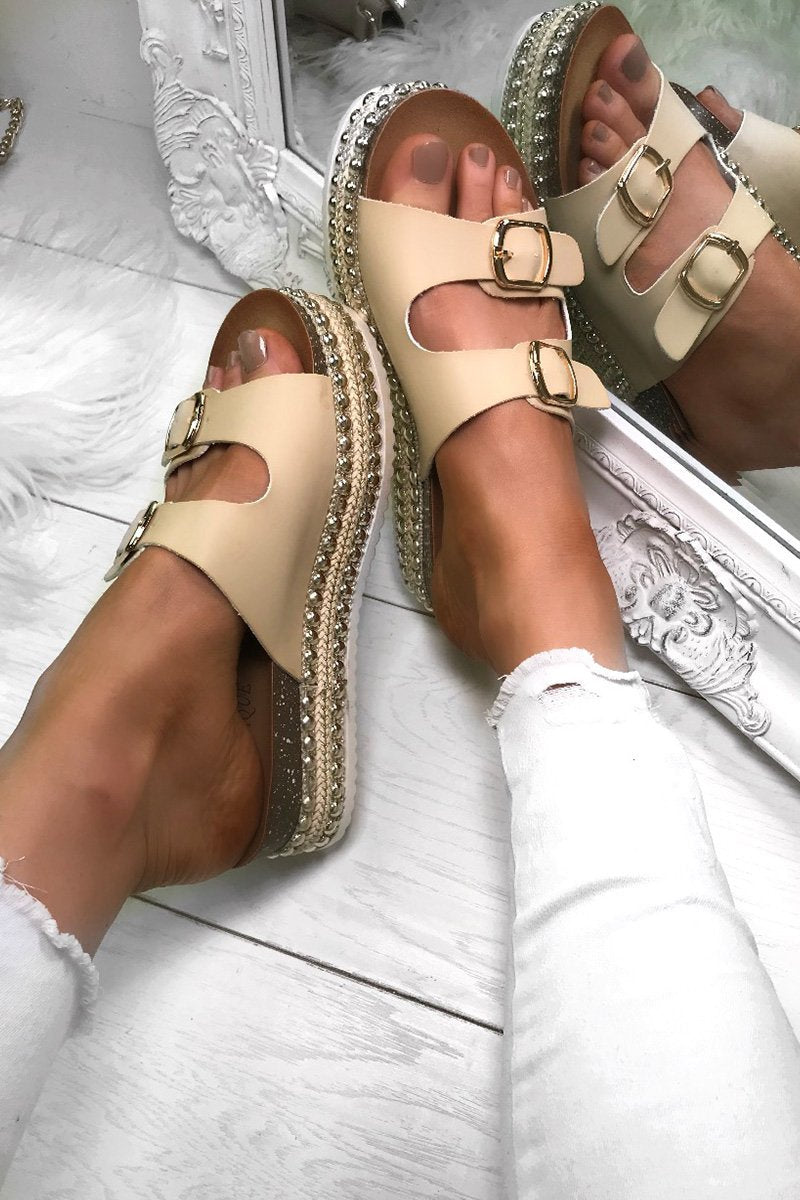 Yazmin Beige Studded Espadrille Flatforms