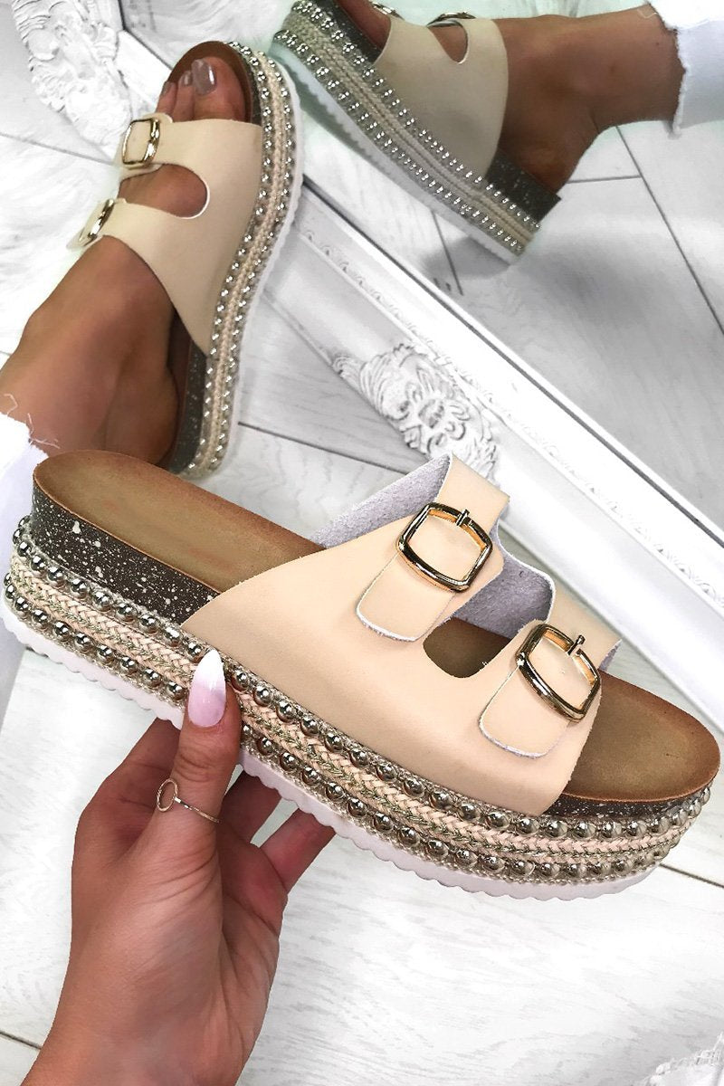 Yazmin Beige Studded Espadrille Flatforms