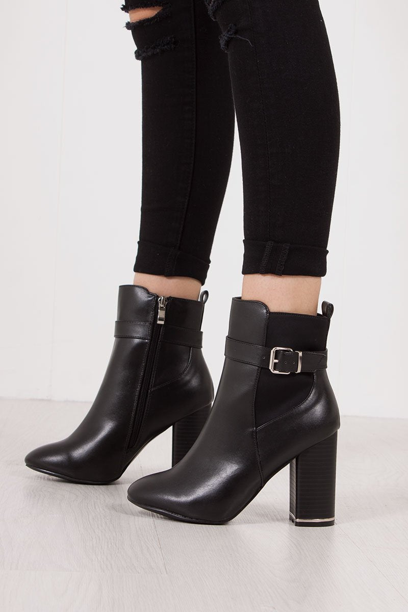 Zahra Black Block Heel Silver Trim Buckle Strap Boots