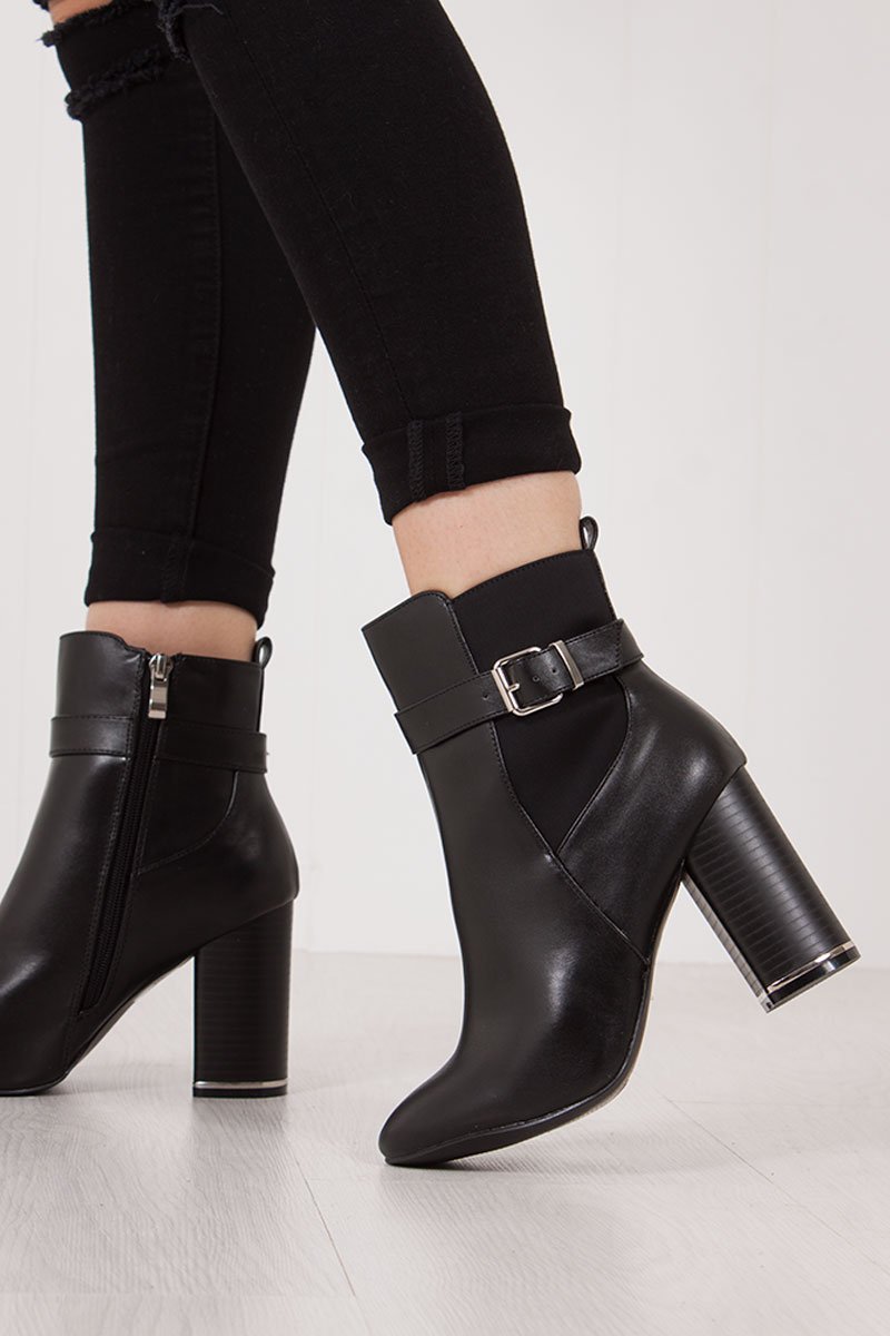 Zahra Black Block Heel Silver Trim Buckle Strap Boots