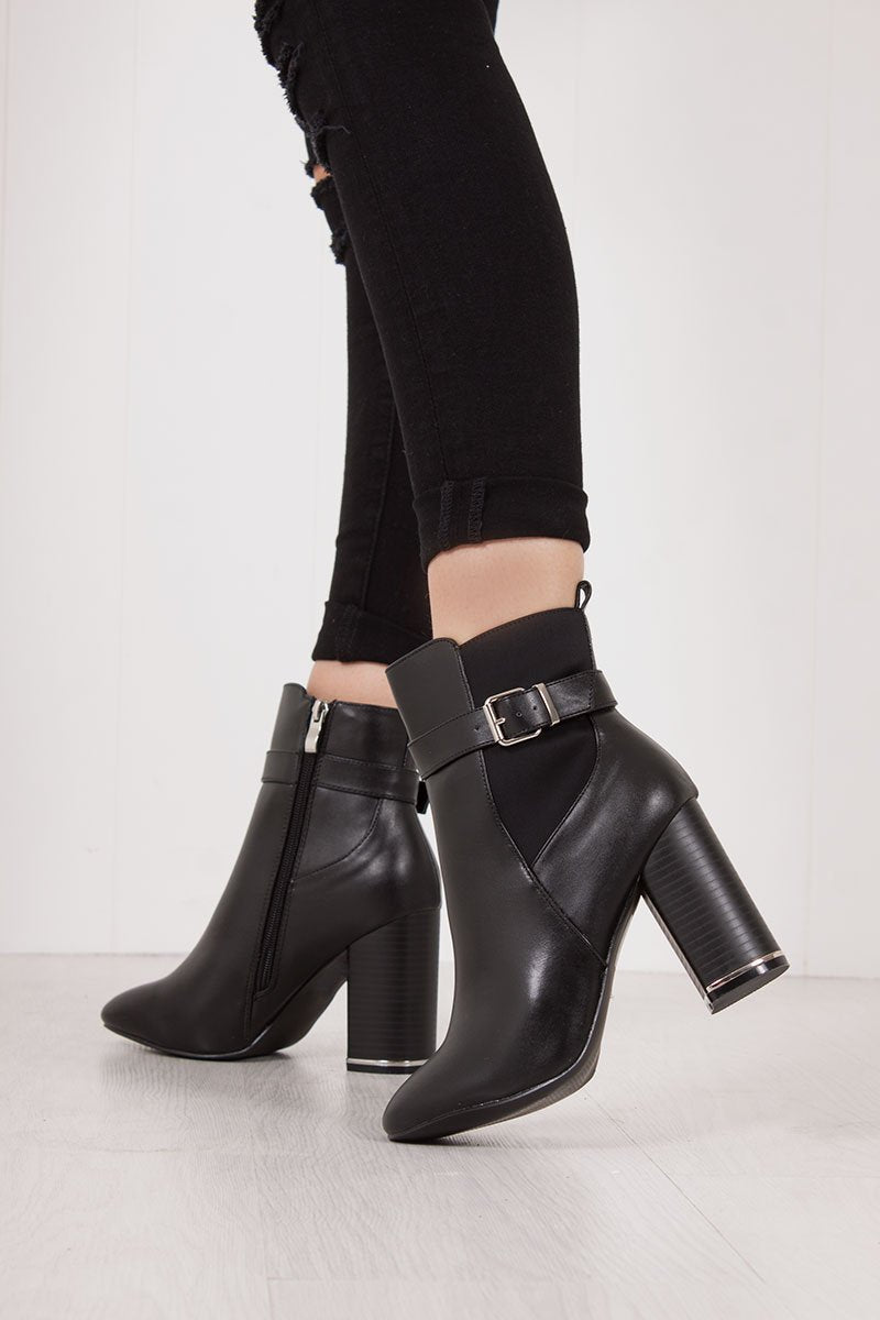 Zahra Black Block Heel Silver Trim Buckle Strap Boots