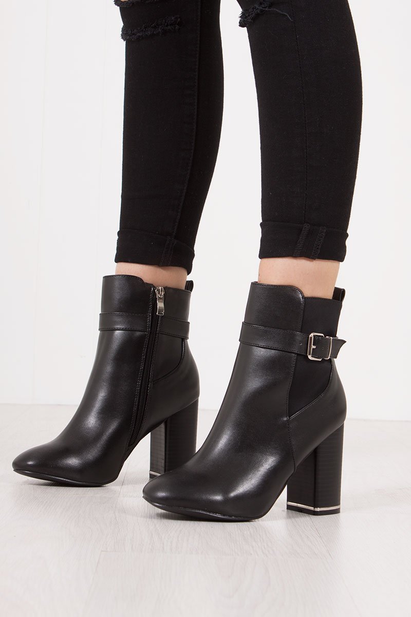 Zahra Black Block Heel Silver Trim Buckle Strap Boots