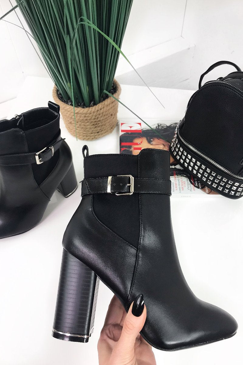 Zahra Black Block Heel Silver Trim Buckle Strap Boots