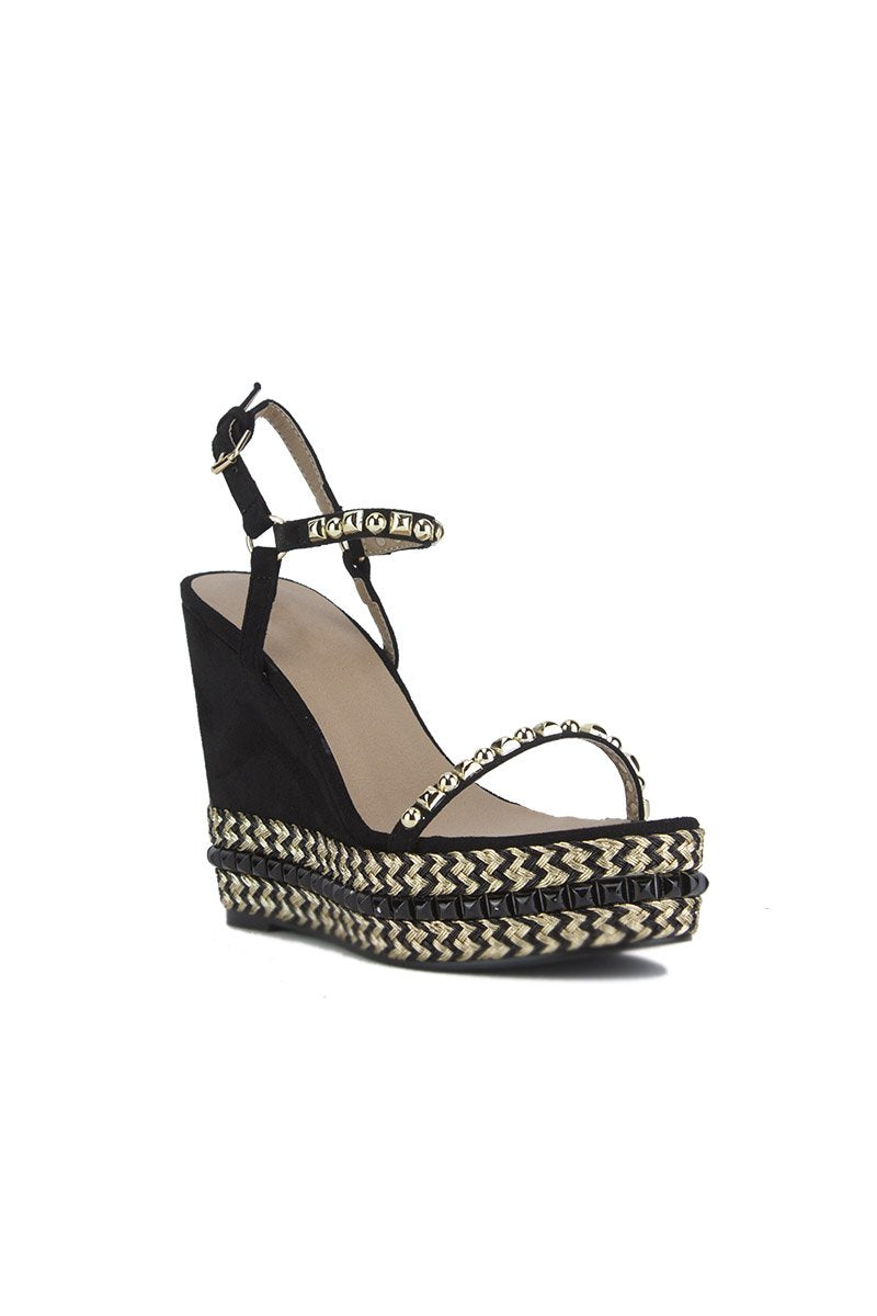 Zahra Black Espadrille Wedge With Gold Detail