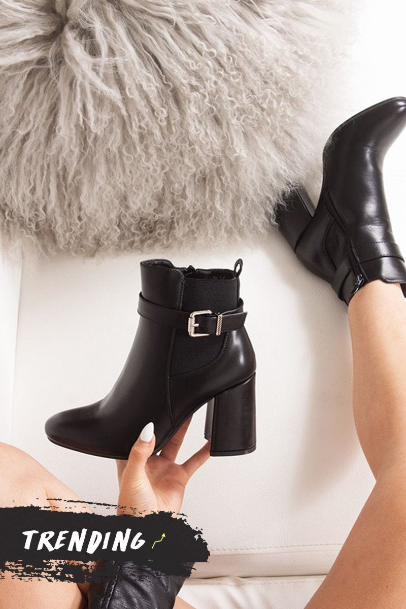 Zara Black Buckle Strap Block Heel Ankle Boots