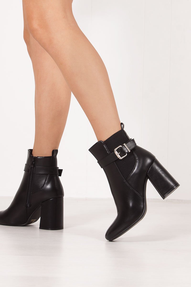 Zara Black Buckle Strap Block Heel Ankle Boots