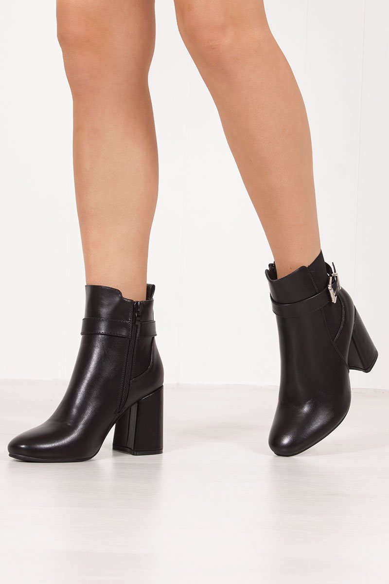 Zara Black Buckle Strap Block Heel Ankle Boots