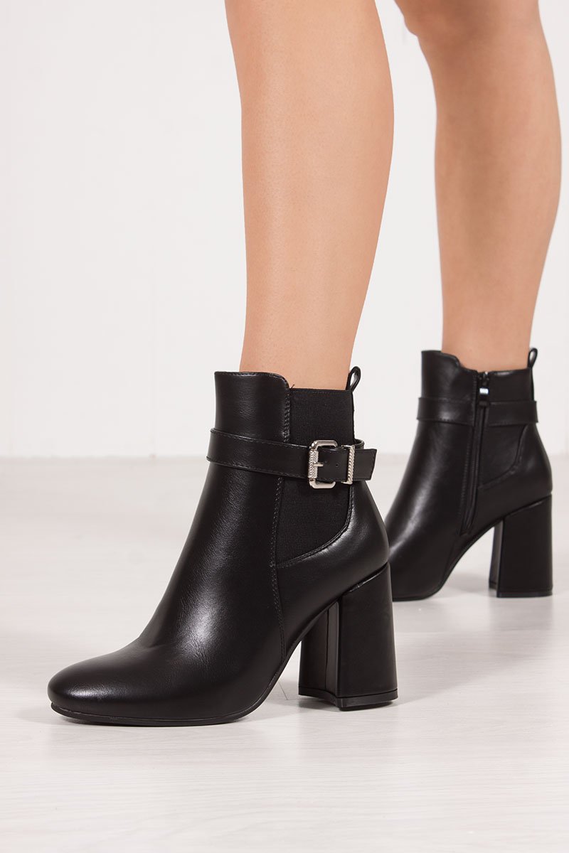 Zara Black Buckle Strap Block Heel Ankle Boots