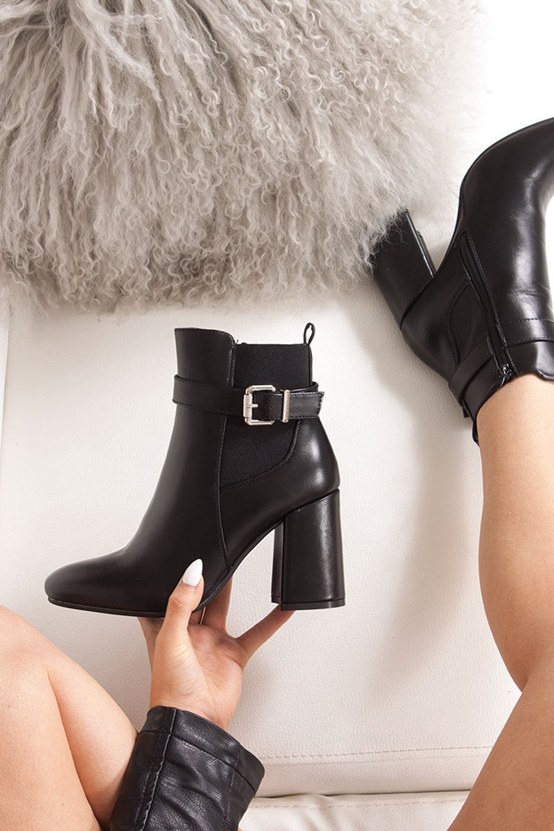 Zara Black Buckle Strap Block Heel Ankle Boots