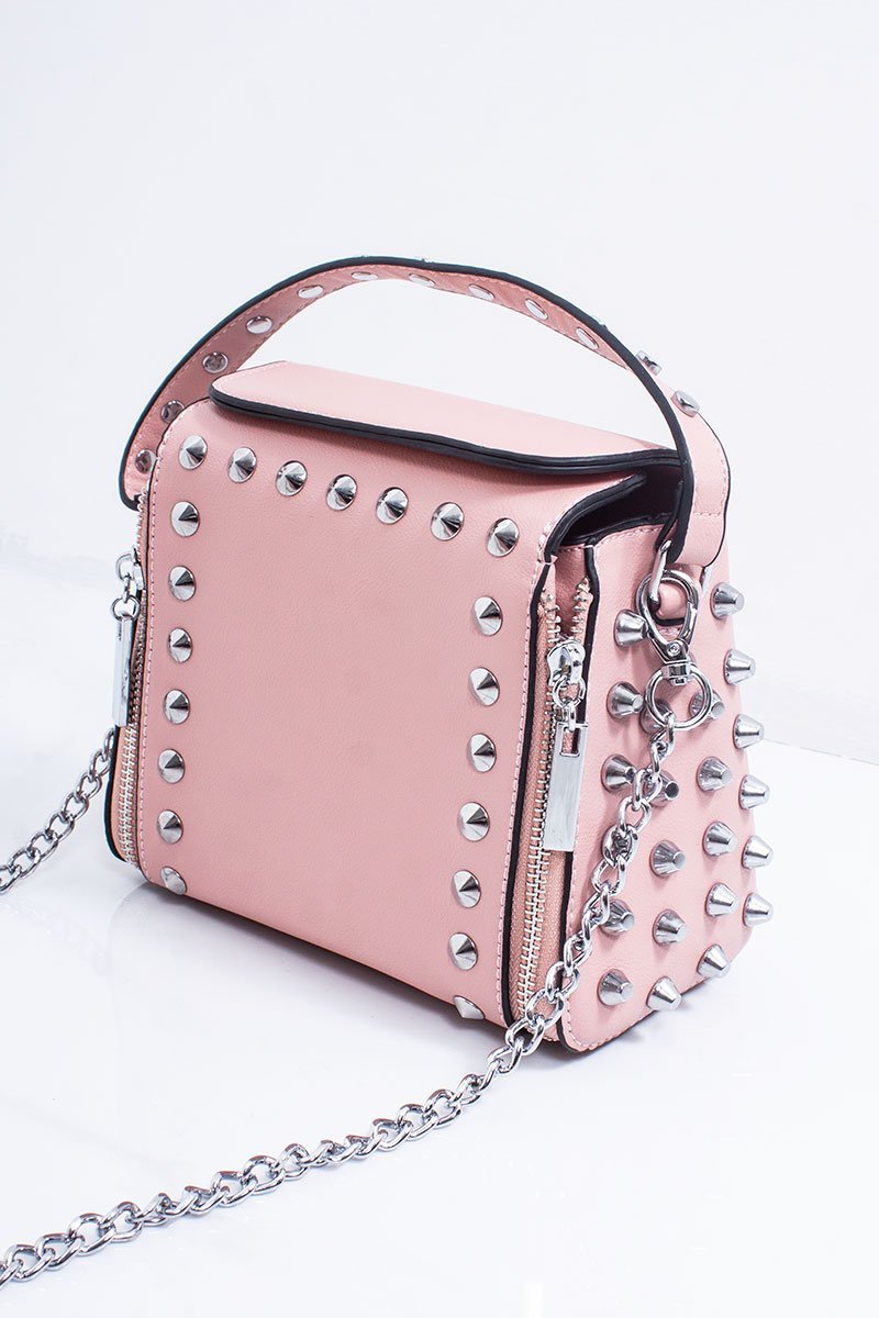 Zara Pink Faux Leather Stud Detail Top Handle Crossbody Bag