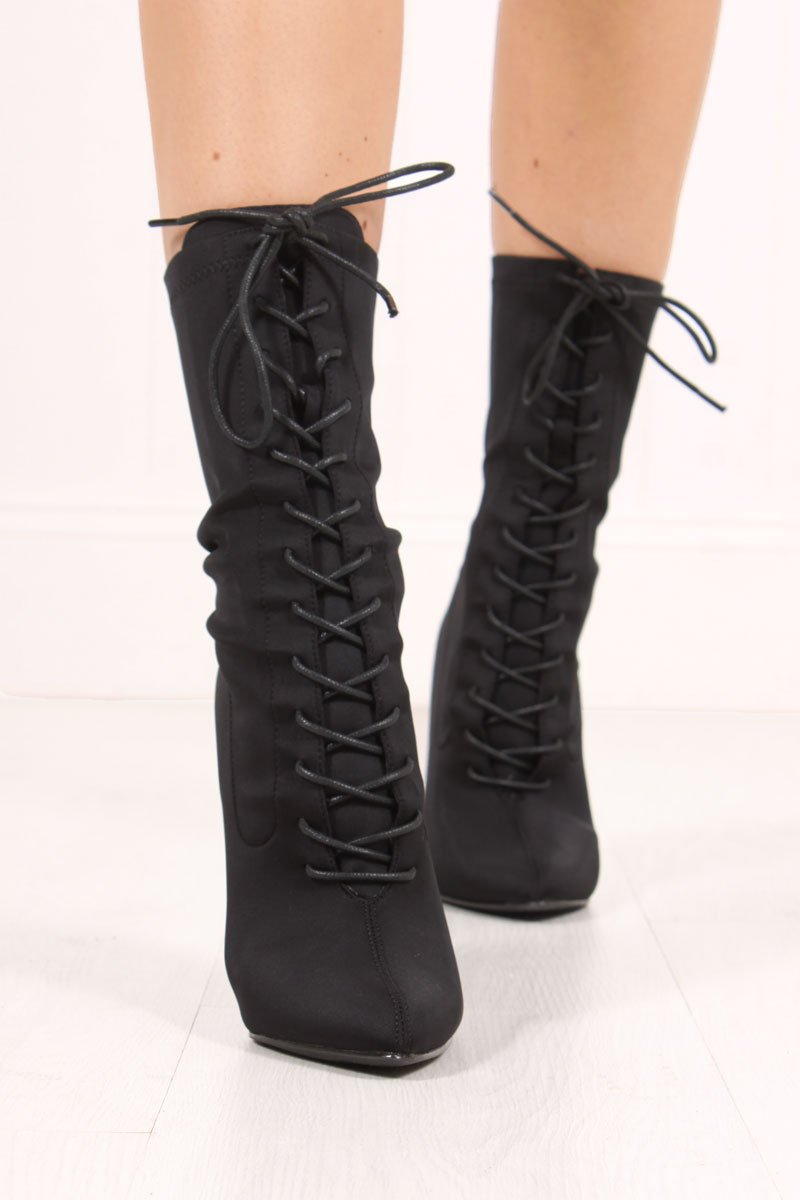 Zoey Black Lace Up Boots In Lycra