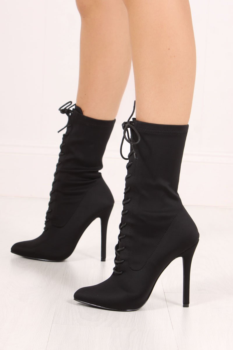 Zoey Black Lace Up Boots In Lycra