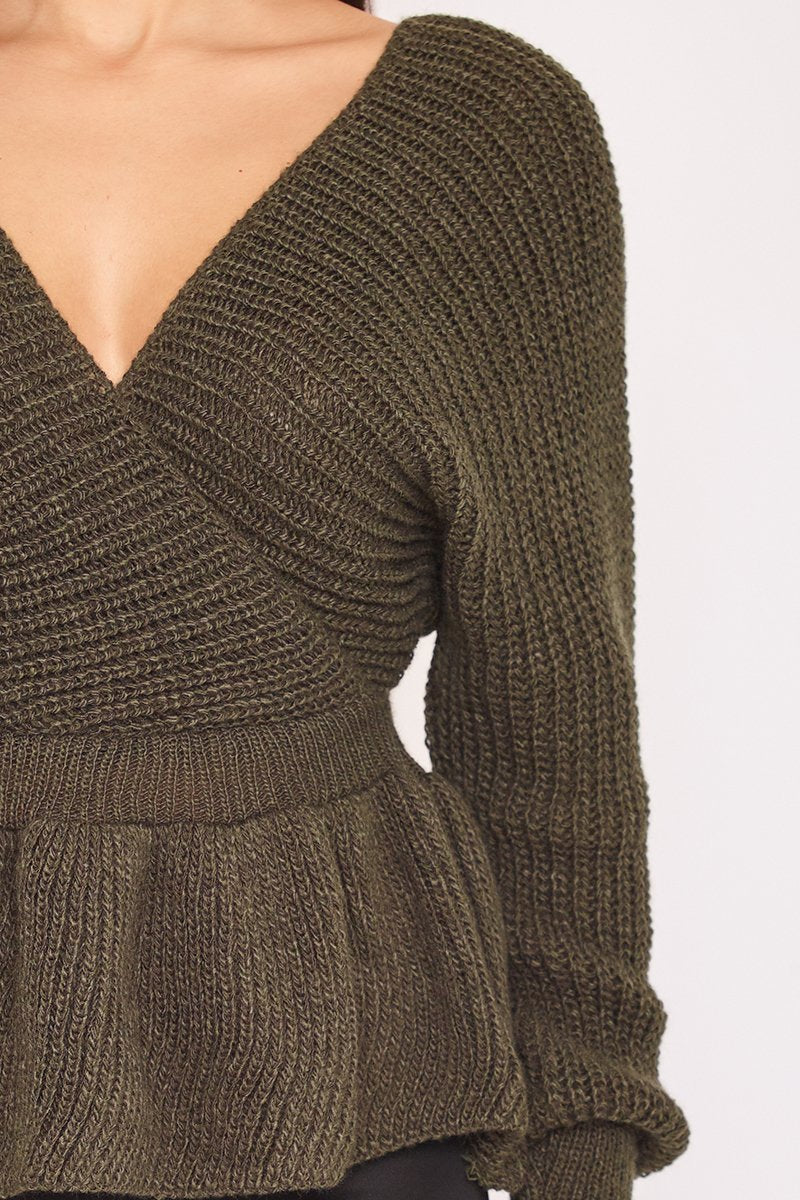 Belle Khaki Knitted Wrap Top