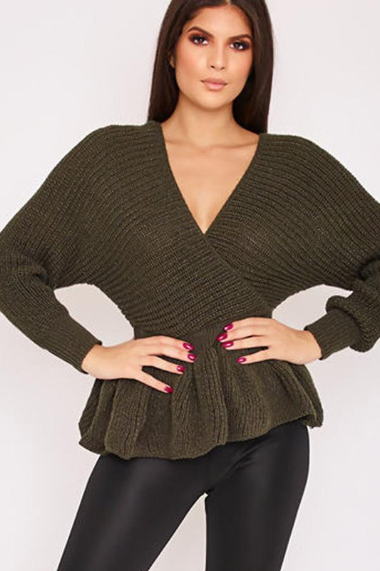 Belle Khaki Knitted Wrap Top