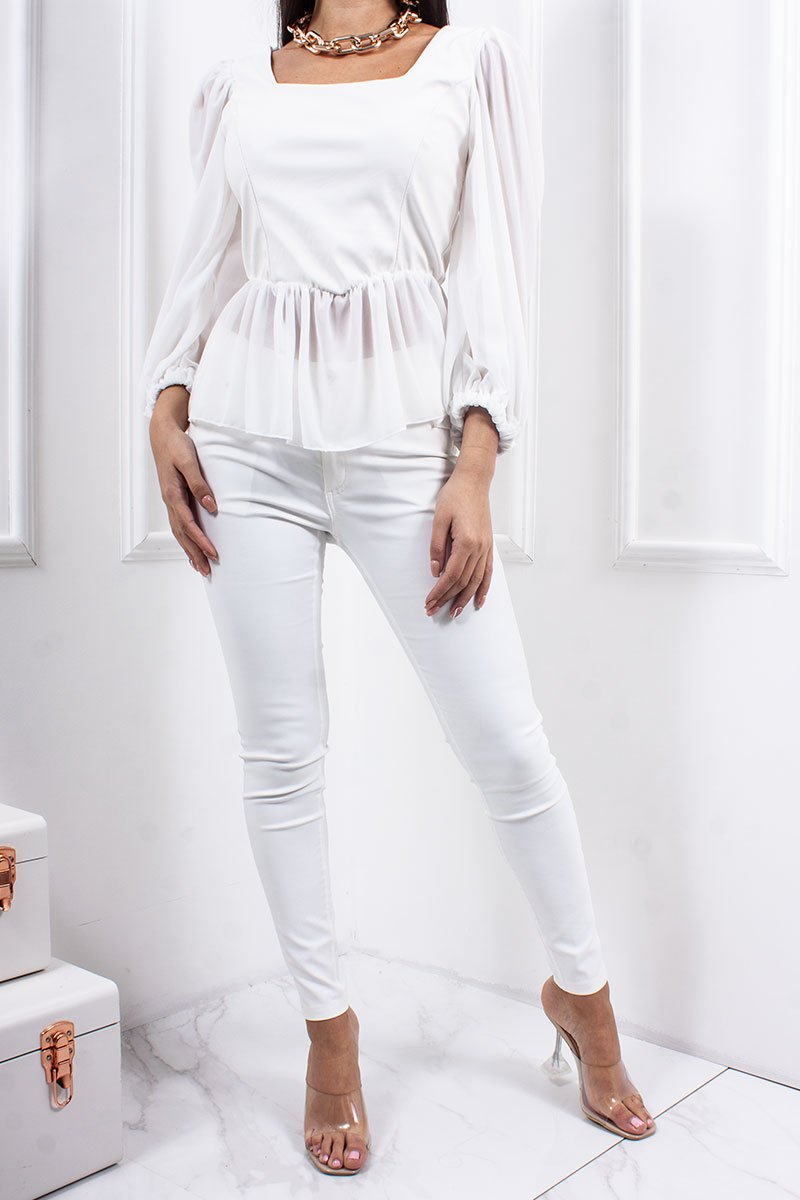 Callie White Faux Leather Puff Sleeve Frill Milkmaid Top