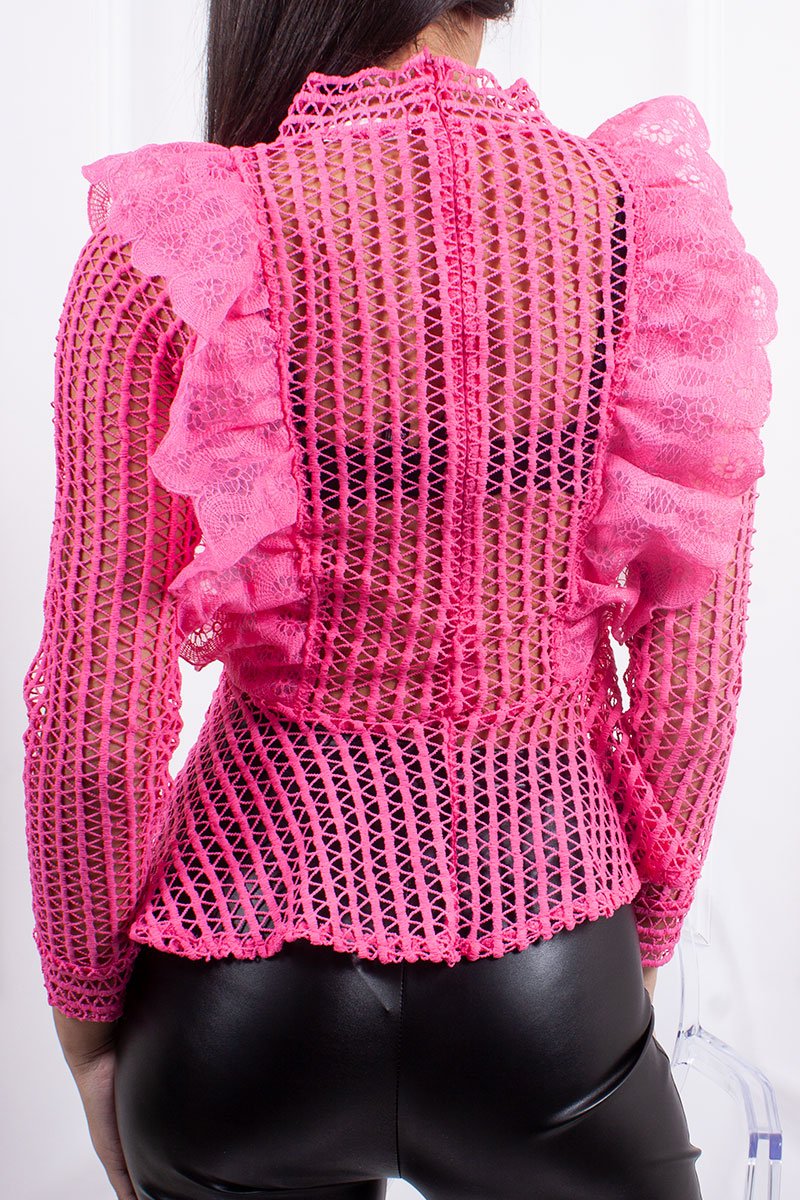 Clara Neon Pink Peplum Ruffle Trim Lace Top