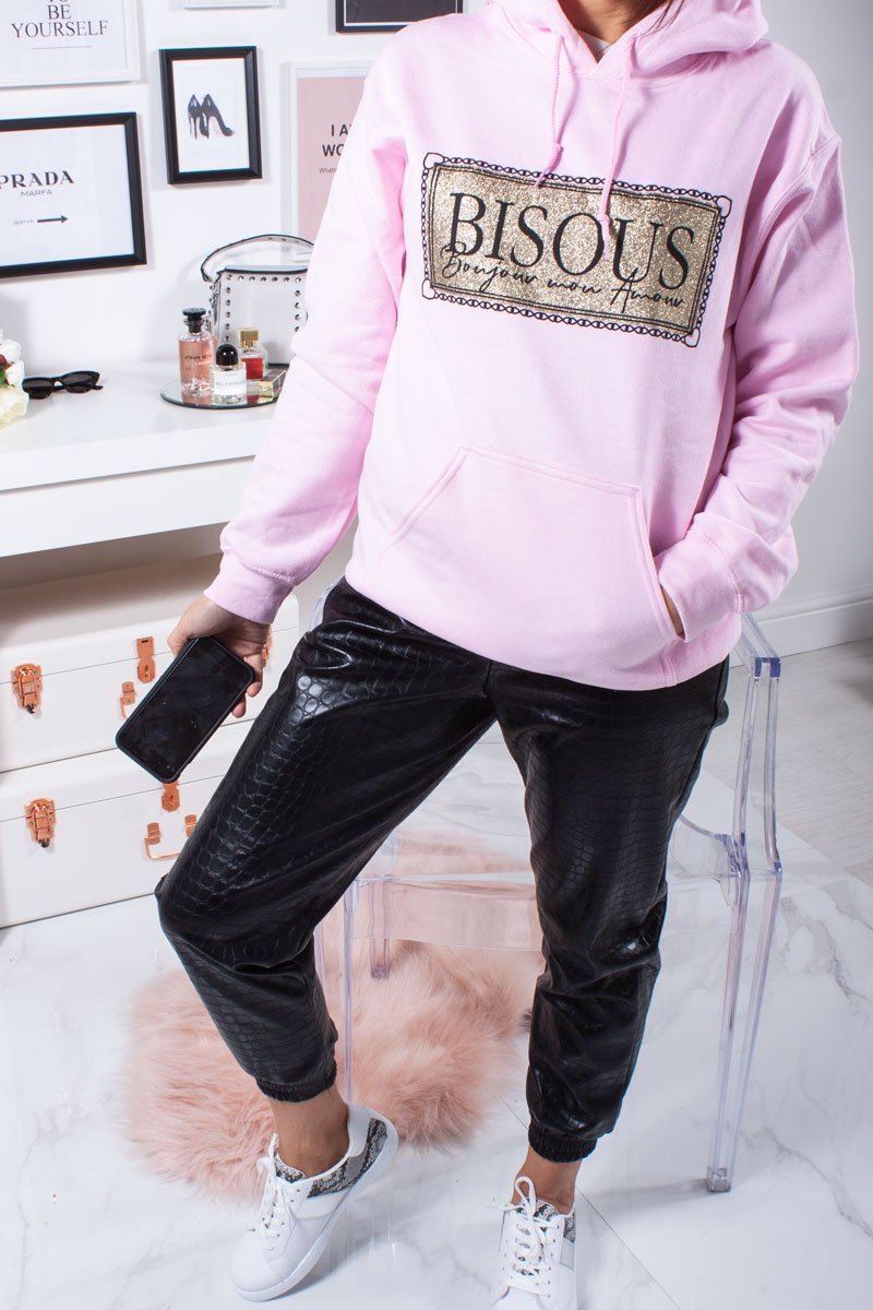 Darby Pale Pink Bisous Metallic Slogan Hoodie