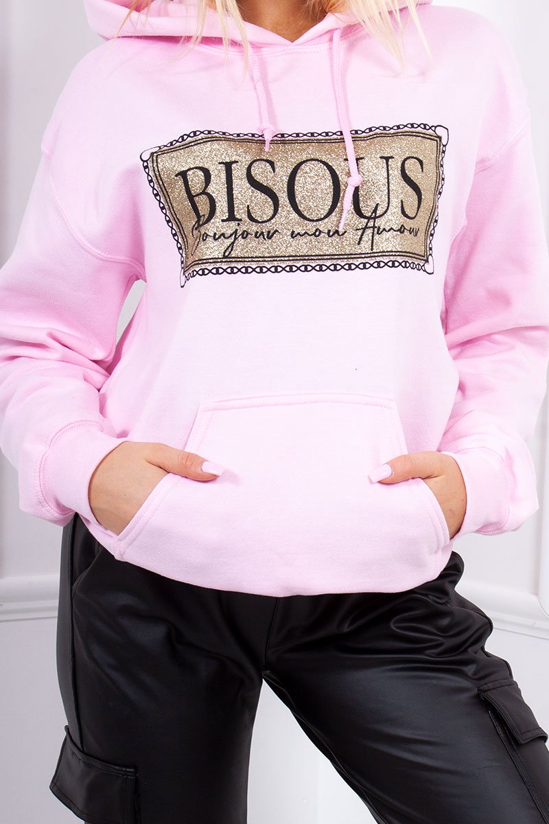 Darby Pale Pink Bisous Metallic Slogan Hoodie