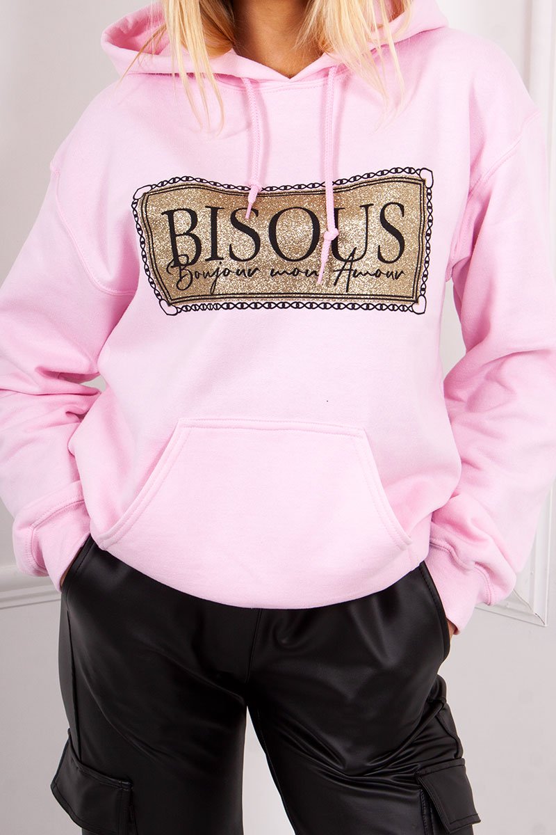 Darby Pale Pink Bisous Metallic Slogan Hoodie