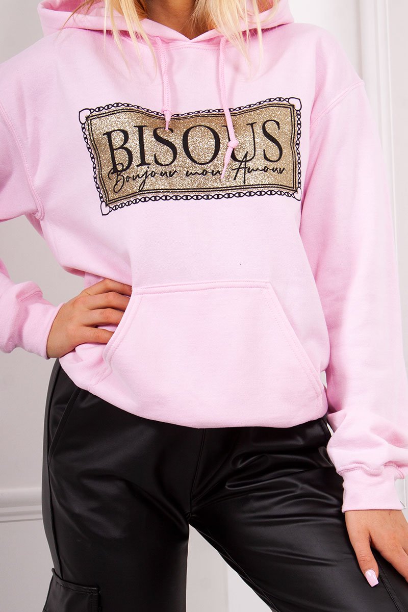 Darby Pale Pink Bisous Metallic Slogan Hoodie