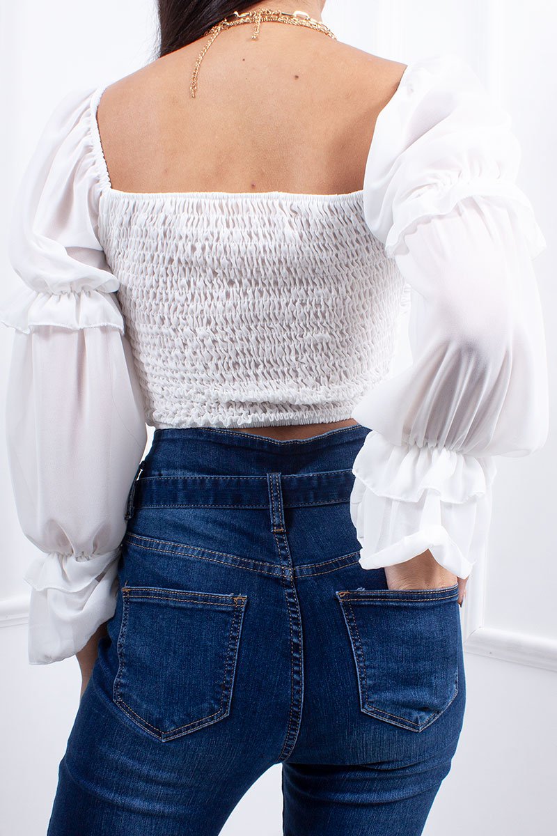 Emmy White Ruched Ruffle Trim Button Detail Milkmaid Cropped Top