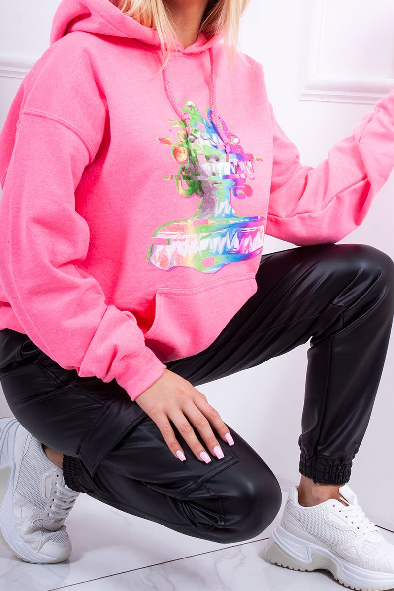 Hollie Neon Pink Multi-Colour Head Print Hoodie