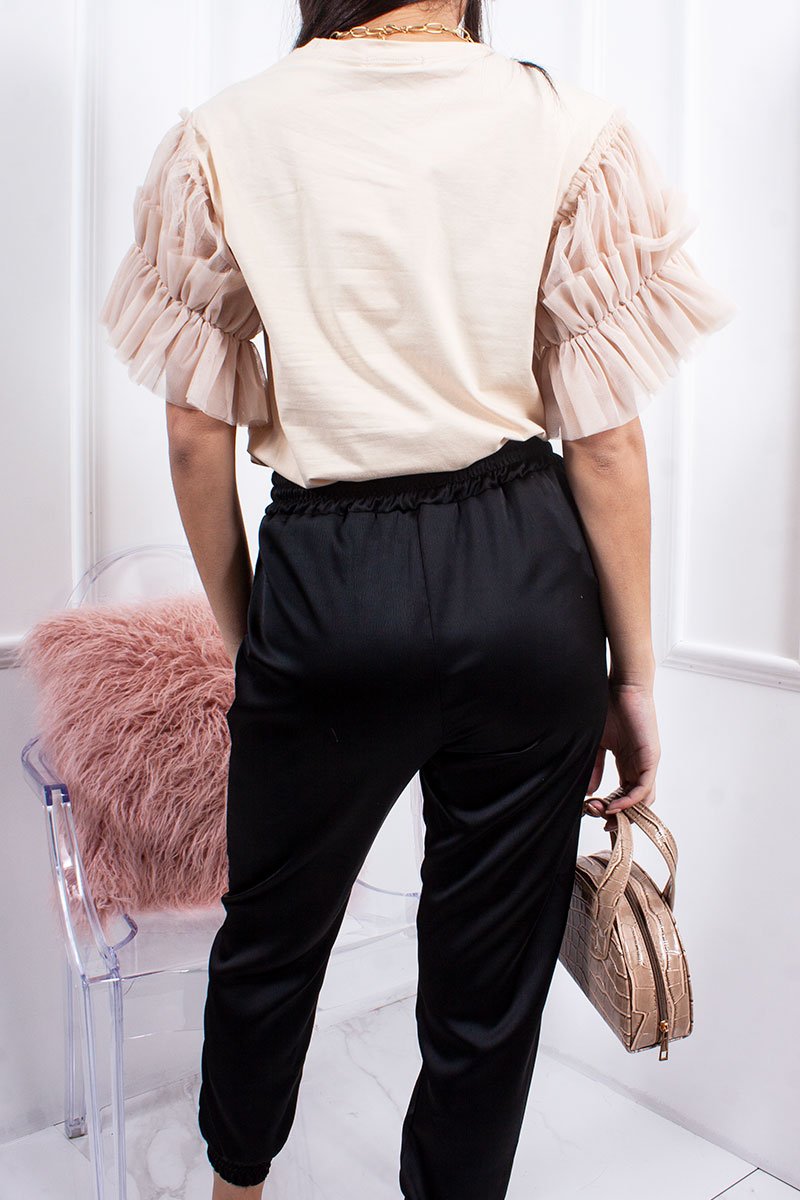 Hope Beige Ruched Mesh Puff Sleeve Top