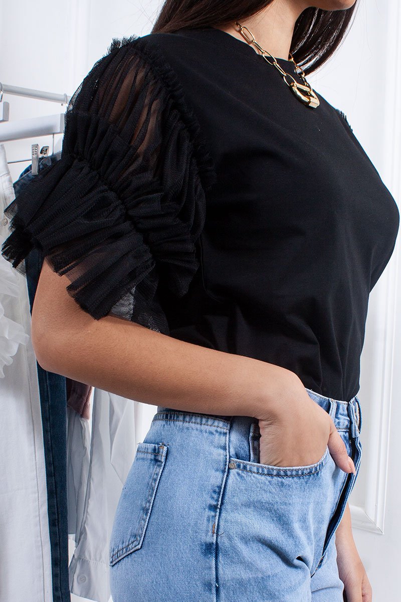 Hope Black Ruched Mesh Puff Sleeve Top