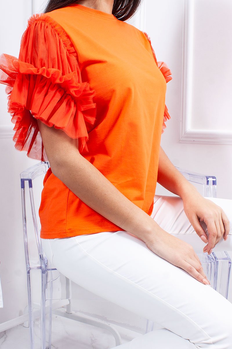 Hope Orange Ruched Mesh Puff Sleeve Top