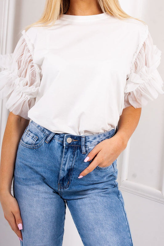 Hope White Ruched Mesh Puff Sleeve Top