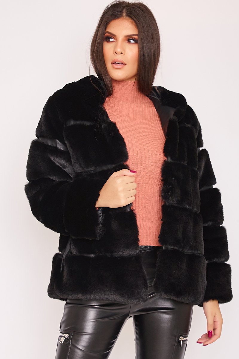 Louisa Black Thick Faux Fur Hooded Coat