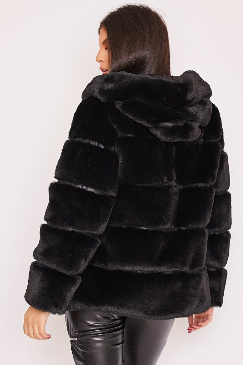 Louisa Black Thick Faux Fur Hooded Coat