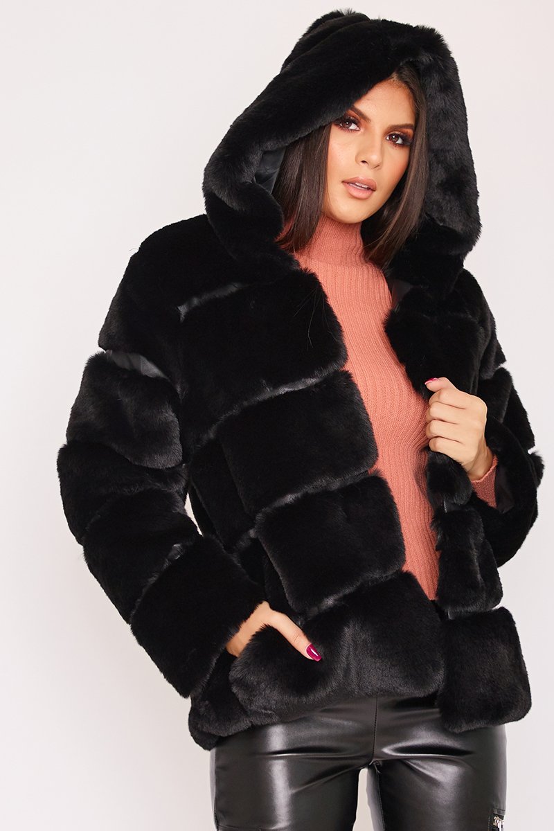 Louisa Black Thick Faux Fur Hooded Coat