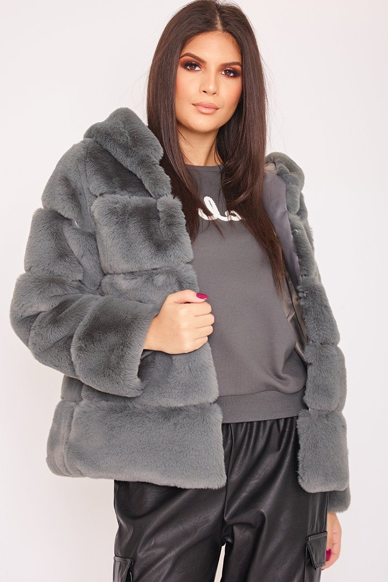 Louisa Grey Thick Faux Fur Hooded Coat