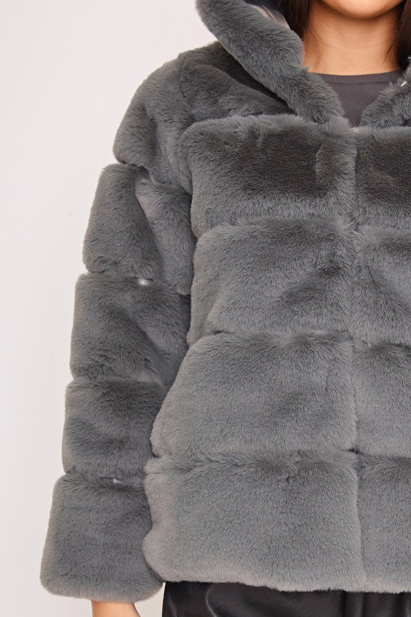 Louisa Grey Thick Faux Fur Hooded Coat