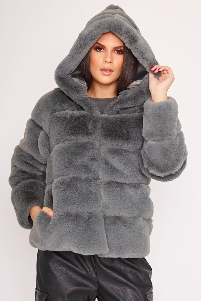 Louisa Grey Thick Faux Fur Hooded Coat