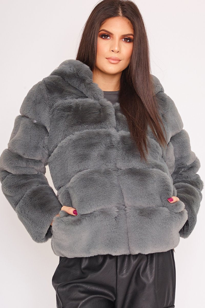 Louisa Grey Thick Faux Fur Hooded Coat