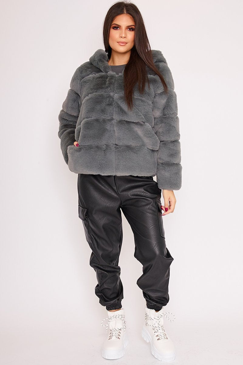 Louisa Grey Thick Faux Fur Hooded Coat