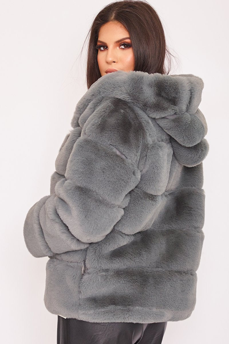 Louisa Grey Thick Faux Fur Hooded Coat