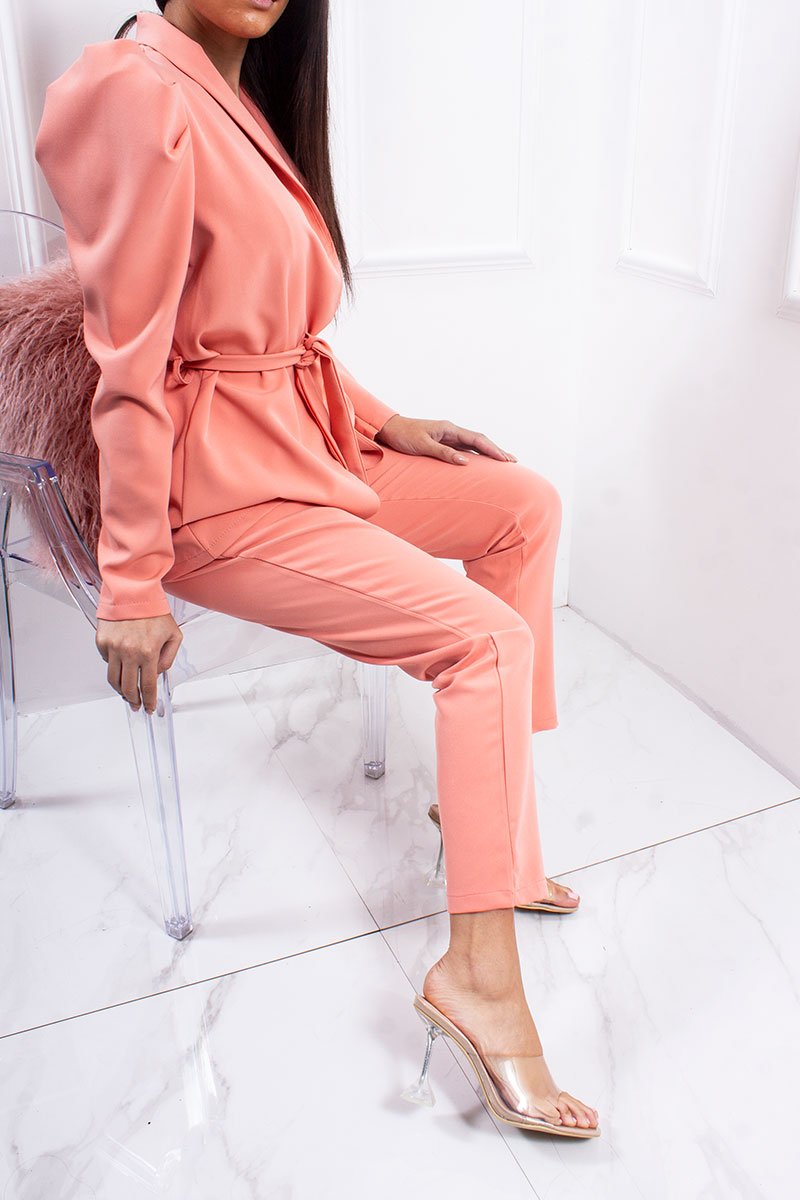Natalia Coral Puff Sleeve Belt Blazer & Trouser Suit