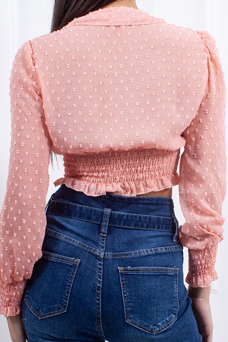 Olivia Peach V Neck Button Detail Milkmaid Cropped Top