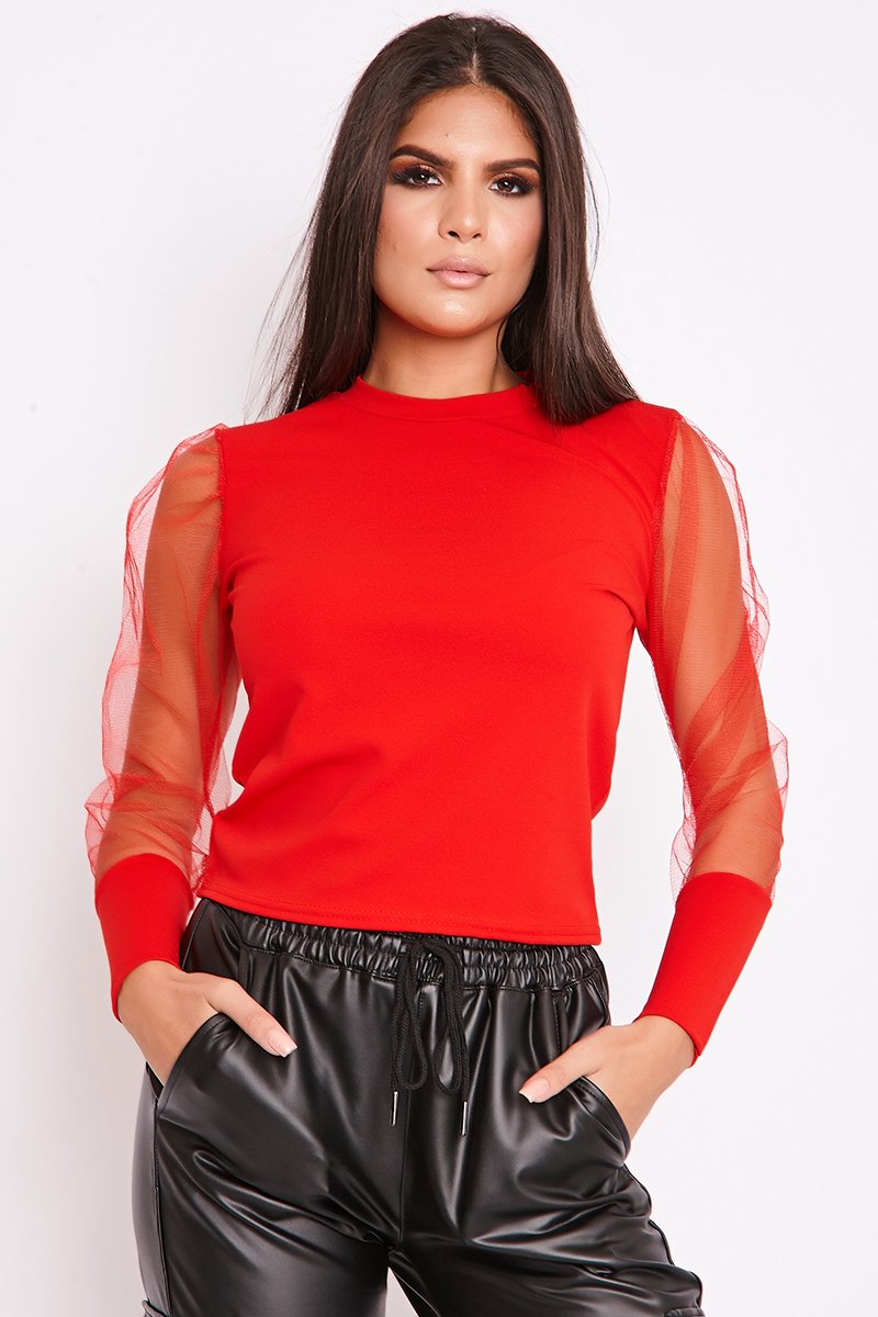 Pearl Red Mesh Puff Sleeve Top