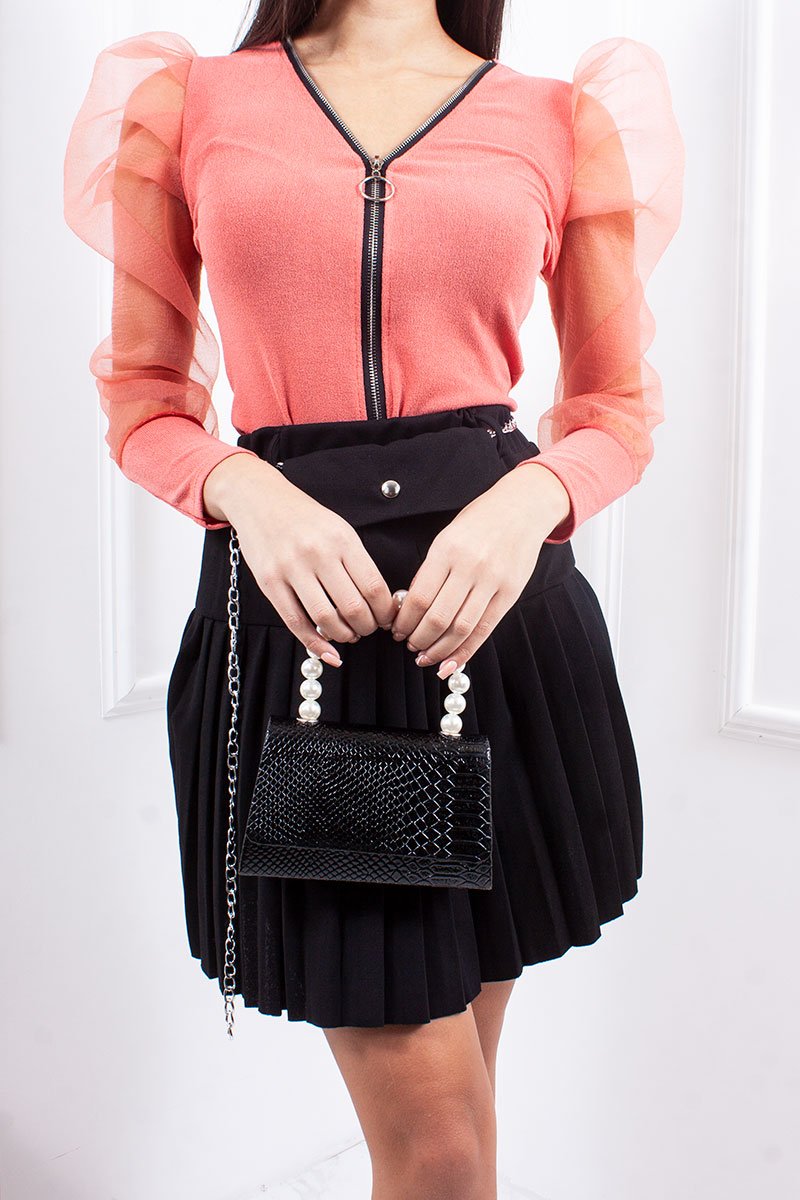 Riley Coral Zip Front Sheer Puff Sleeve Top